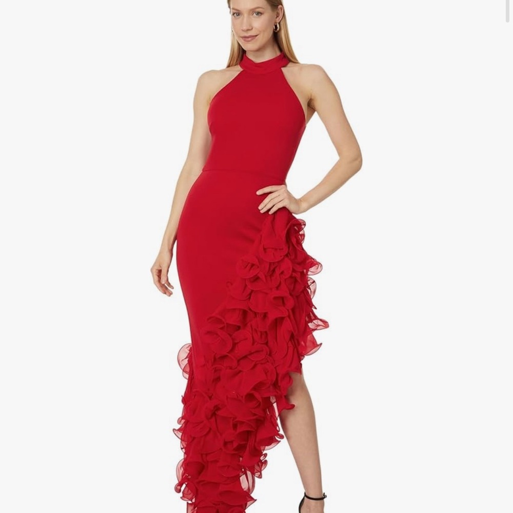 Betsy & Adam Long Asymmetrical Ruffled Mock Neck dress in red. Size 6 worn once